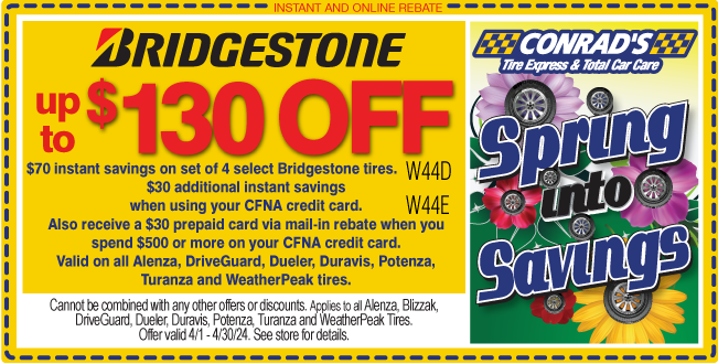 Bridgestone Up to $130 when using CFNA credit card
